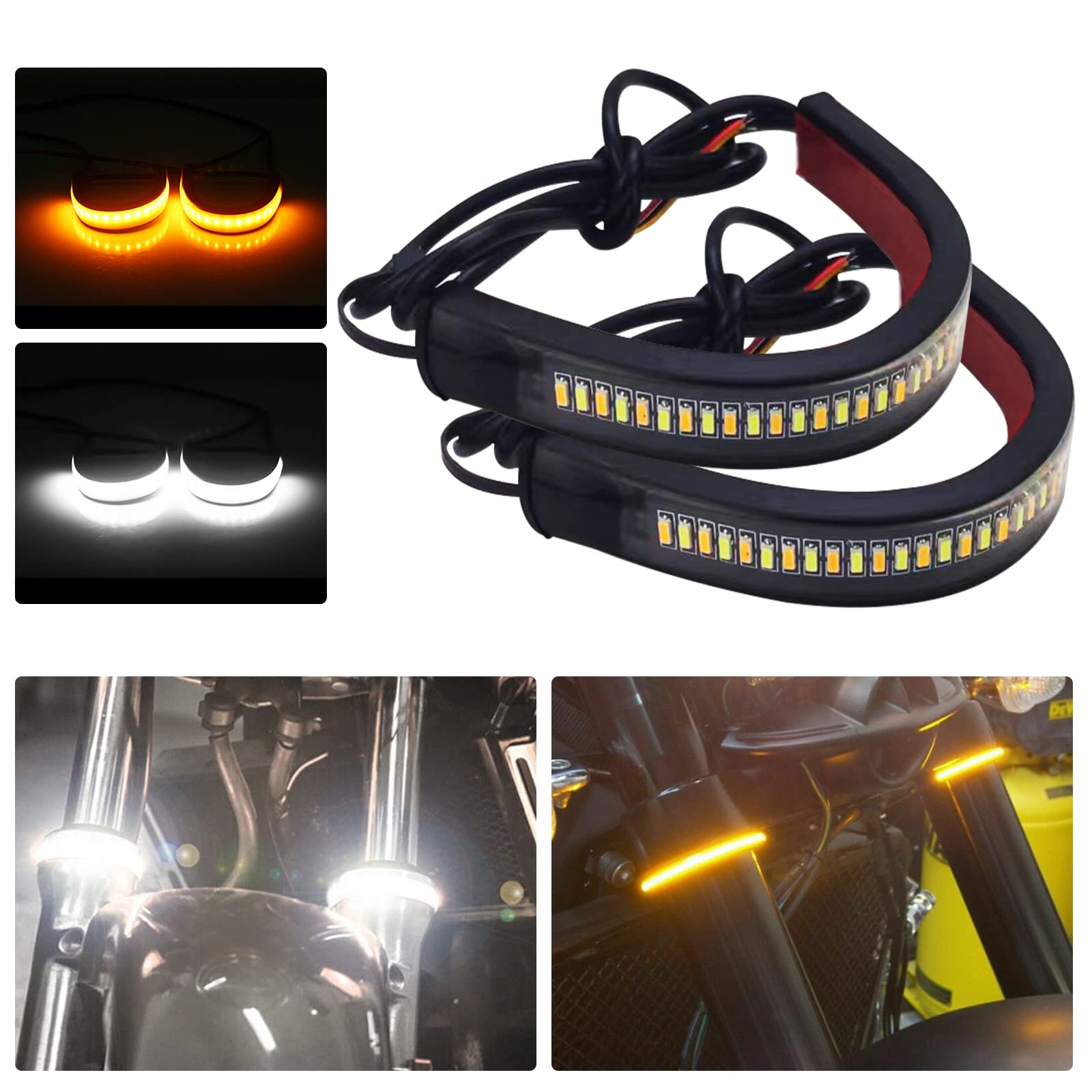 YOMTOVM 2PCS Motorcycle LED Turn Signal Light, Fork Turn Signal DRL Daytime Running Lights Flexible Switchback Dual-Color (White